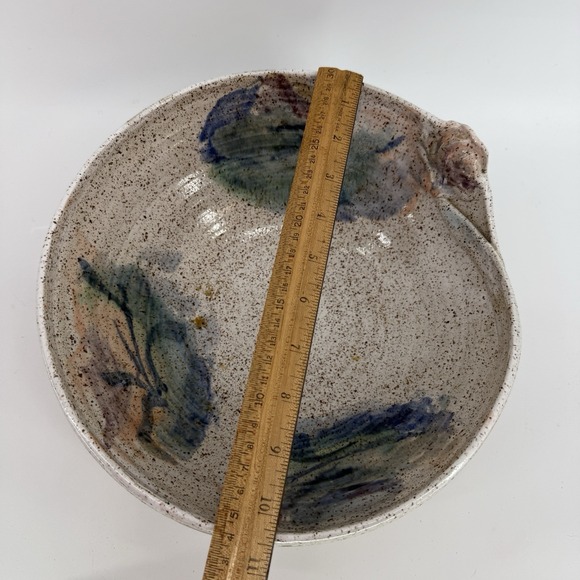 Large Artisan Studio Stoneware Bowl Artisan Signed Rustic Speckled Neutral Blue - Picture 11 of 13